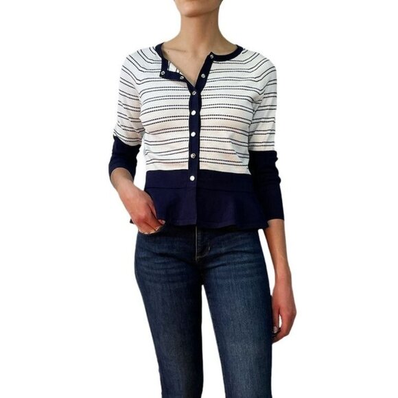 Karen Millen White and Blue Striped Cardigan Sweater size 2 - Picture 1 of 8